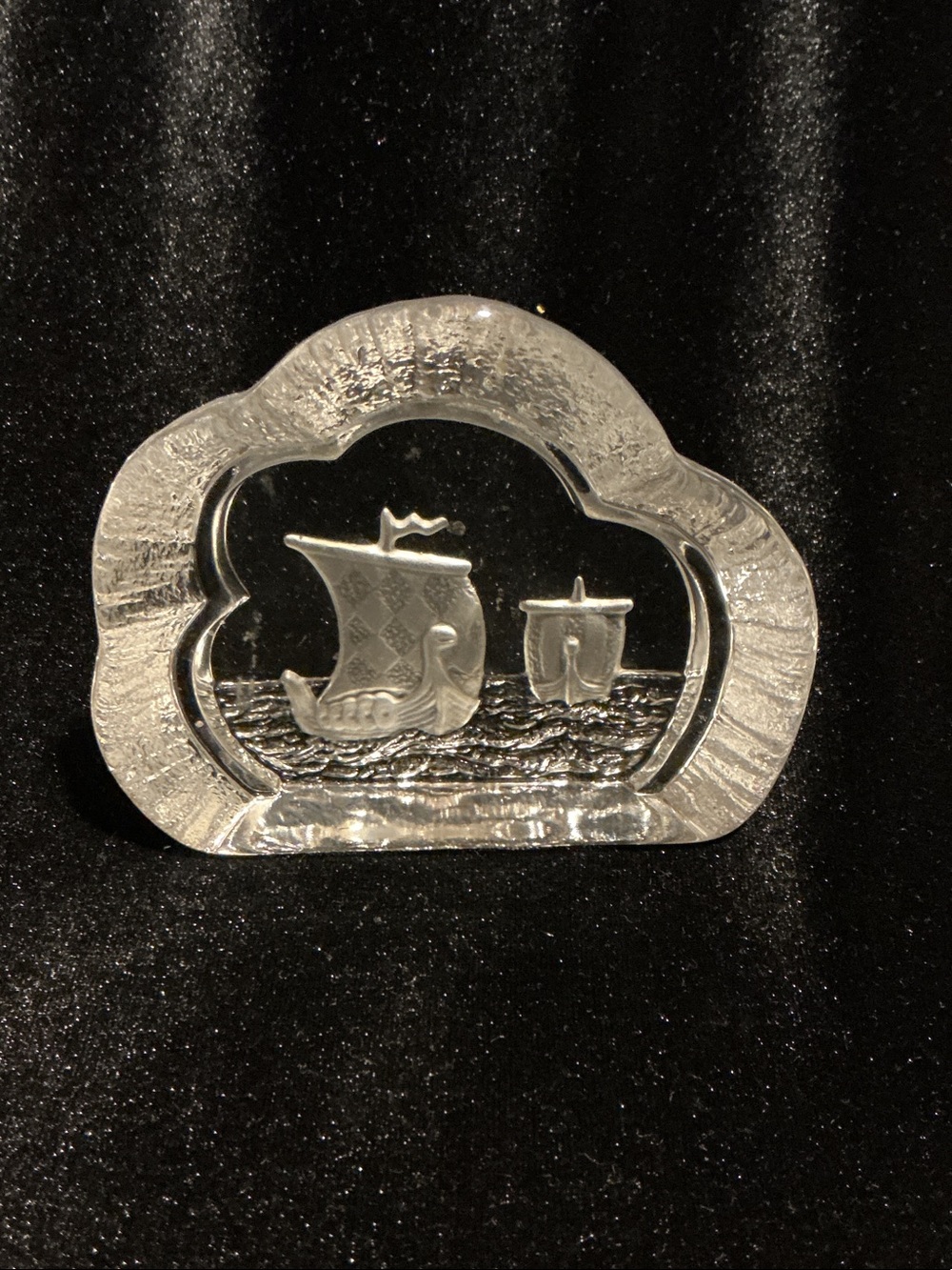 Nybro Viking Ship Crystal Paperweight